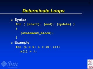 17
Determinate Loops
u Syntax
for ( [start]; [end]; [update] )
{
[statement_block];
}
u Example
for (i = 0; i < 10; i++)
x[i] = i;
 