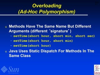 27
Overloading
(Ad-Hoc Polymorphism)
u Methods Have The Same Name But Different
Arguments (different ‘signature’)
– setTime(short hour, short min, short sec)
– setTime(short hour, short min)
– setTime(short hour)
u Java Uses Static Dispatch For Methods In The
Same Class
 