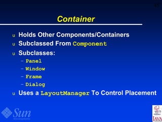 45
Container
u Holds Other Components/Containers
u Subclassed From Component
u Subclasses:
– Panel
– Window
– Frame
– Dialog
u Uses a LayoutManager To Control Placement
 