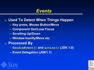 52
Events
u Used To Detect When Things Happen
– Key press, Mouse Button/Move
– Component Get/Lose Focus
– Scrolling Up/Down
– Window Iconify/Move etc
u Processed By
– HandleEvent() and action() (JDK 1.0)
– Event Delegation (JDK1.1)
 