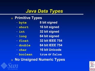7
Java Data Types
u Primitive Types
– byte 8 bit signed
– short 16 bit signed
– int 32 bit signed
– long 64 bit signed
– float 32 bit IEEE 754
– double 64 bit IEEE 754
– char 16 bit Unicode
– boolean true or false
u No Unsigned Numeric Types
 