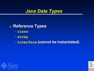8
Java Data Types
u Reference Types
– class
– array
– interface (cannot be instantiated)
 