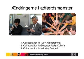 Ændringerne i adfærdsmønster




    1. Collaboration is 100% Generational
    2. Collaboration is Geographically Cultural
    3. Collaboration is Industry Cultural
 