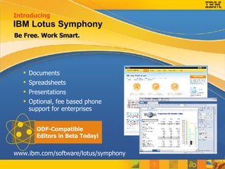 Be Free. Work Smart. Introducing  www.ibm.com/software/lotus/symphony Documents Spreadsheets Presentations Optional, fee based phone support for enterprises IBM Lotus Symphony ODF-Compatible Editors in Beta Today! 