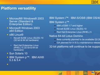 Platform versatility Microsoft® Windows® 2003 Server (Standard & Enterprise Edition) Microsoft Windows 2003 x64 Edition x86 Linux® Novell SUSE Linux (SLES) 10 (32 bit & 64 bit hardware)  Red Hat Enterprise Linux (RHEL) 5 (32 bit & 64 bit hardware)  Sun Solaris 10 IBM System p™:  IBM AIX® 5.3 & 5.4 IBM System i™:  IBM i5/OS ®  (IBM OS/400 ® ) v5R4 IBM System z™ IBM z/OS ®  1.7 and higher  Novell SUSE Linux (SLES) 10  Red Hat Enterprise Linux (RHEL) 5  Native 64-bit Lotus Domino  Beta currently planned to be available Q3 2007 GA planned for in 8.0.x maintenance release 32-bit platforms will continue to be supported 