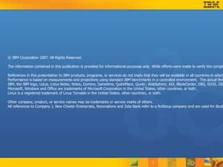 © IBM Corporation 2007. All Rights Reserved. The information contained in this publication is provided for informational purposes only. While efforts were made to verify the completeness and accuracy of the information contained in this publication, it is provided AS IS without warranty of any kind, express or implied. In addition, this information is based on IBM’s current product plans and strategy, which are subject to change by IBM without notice. IBM shall not be responsible for any damages arising out of the use of, or otherwise related to, this publication or any other materials. Nothing contained in this publication is intended to, nor shall have the effect of, creating any warranties or representations from IBM or its suppliers or licensors, or altering the terms and conditions of the applicable license agreement governing the use of IBM software. References in this presentation to IBM products, programs, or services do not imply that they will be available in all countries in which IBM operates. Product release dates and/or capabilities referenced in this presentation may change at any time at IBM’s sole discretion based on market opportunities or other factors, and are not intended to be a commitment to future product or feature availability in any way.  Nothing contained in these materials is intended to, nor shall have the effect of, stating or implying that any activities undertaken by you will result in any specific sales, revenue growth or other results.  Performance is based on measurements and projections using standard IBM benchmarks in a controlled environment.  The actual throughput or performance that any user will experience will vary depending upon many factors, including considerations such as the amount of multiprogramming in the user's job stream, the I/O configuration, the storage configuration, and the workload processed.  Therefore, no assurance can be given that an individual user will achieve results similar to those stated here. IBM, the IBM logo, Lotus, Lotus Notes, Notes, Domino, Sametime, QuickPlace, Quickr, WebSphere, AIX, BladeCenter, DB2, i5/OS, OS/400, Proventia, System i, System p, Tivoli  and z/OS are trademarks of International Business Machines Corporation in the United States, other countries, or both.  Microsoft, Windows and Office are trademarks of Microsoft Corporation in the United States, other countries, or both. Linux is a registered trademark of Linus Torvalds in the United States, other countries, or both. Other company, product, or service names may be trademarks or service marks of others. All references to Company J, New Charter Enterprises, Renovations and Zeta Bank refer to a fictitious company and are used for illustration purposes only. 