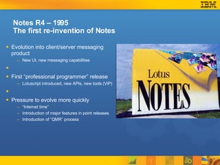 Notes R4 – 1995  The first re-invention of Notes Evolution into client/server messaging product New UI, new messaging capabilities First “professional programmer” release Lotuscript introduced, new APIs, new tools (ViP) Pressure to evolve more quickly “ Internet time” Introduction of major features in point releases Introduction of “QMR” process 