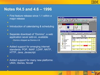 Notes R4.5 and 4.6 – 1996 First feature release since 1.1 within a major release Introduction of calendaring & scheduling Separate download of “Domino”, a web application sever add-on, available Domino shipped as Domino 4.6 Added support for emerging internet standards: POP, IMAP, LDAP, NNTP, HTTP, Java, Javascript Added support for many new platforms: UNIX, iSeries, Novell 