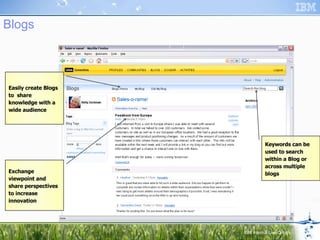 Blogs Exchange viewpoint and share perspectives to increase innovation Easily create Blogs to  share knowledge with a wide audience Keywords can be used to search within a Blog or across multiple blogs 