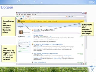 Dogear Filter bookmarks  by "tagging" them with as many keywords as you want Subscribe to your coworkers' bookmarked web pages Centrally store your bookmarks and share them with others 