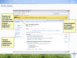 Activities  Organize and work with all your tasks, both individual as well as group projects, in a single place Create templates for repeated tasks to capture best practices Tap your professional network to get things done 
