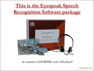 This is the Eyespeak Speech Recognition Software package It contains 3 CD ROMs and a Headset* *headset may vary. 
