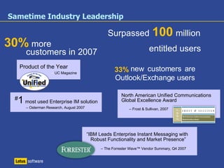 IBM Confidential Sametime 8.5 – Major Themes Unified Meeting Experience Persistent meetings model Easy access Improved video  New Web browser Client user experience Leverage Web 2.0 technologies (no JavaTM) Strengthen platform for emerging CEBP market Extend UC services for easy access in other applications Leverage Web 2.0 technologies to integrate into business applications  Central administration and management Simplify management of Sametime platform 