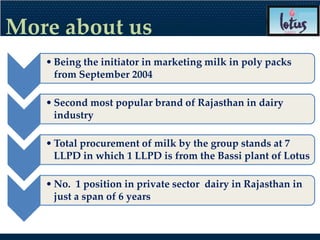 More about us
    • Being the initiator in marketing milk in poly packs
      from September 2004

 Objectives popular brand of Rajasthan in dairy
   • Second most Reasons          Content
      industry

    • Total procurement of milk by the group stands at 7
      LLPD in which 1 LLPD is from the Bassi plant of Lotus

    • No. 1 position in private sector dairy in Rajasthan in
      just a span of 6 years
 