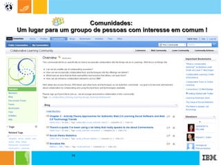 Comunidades:   Um lugar para um groupo de pessoas com interesse em comum !  ●  Crie, encontre e participe de comunidades de pessoas que compartilham uma    responsabilidade ou um conhecimento em comum.  ●   Visualize os membros da comunidade e compartilhe os indicadores com a comunidade.  ●  Assine para receber atualizações de uma comunidade a partir dos feedreaders.  ●  Procure por comunidades por categorias como Recente, Popular e Alfabética.  