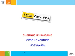 IBM social software produtos estão sendo usados por mais de 7 milhões de pessoas ao redor do mundo ! 35% do ranking Fortune 100, comprou IBM Social Software de Colaboração . Lotus Connections estreou em 2001 como a  o software de mais rápido crescimento  na historia da IBM IBM é o primeiro e único fornecedor  a proporcionar uma integração social  na sua plataforma para negócios  http://www.mckinseyquarterly.com/How_companies_are_benefiting_from_Web_20_McKinsey_Global_Survey_Results_2432 