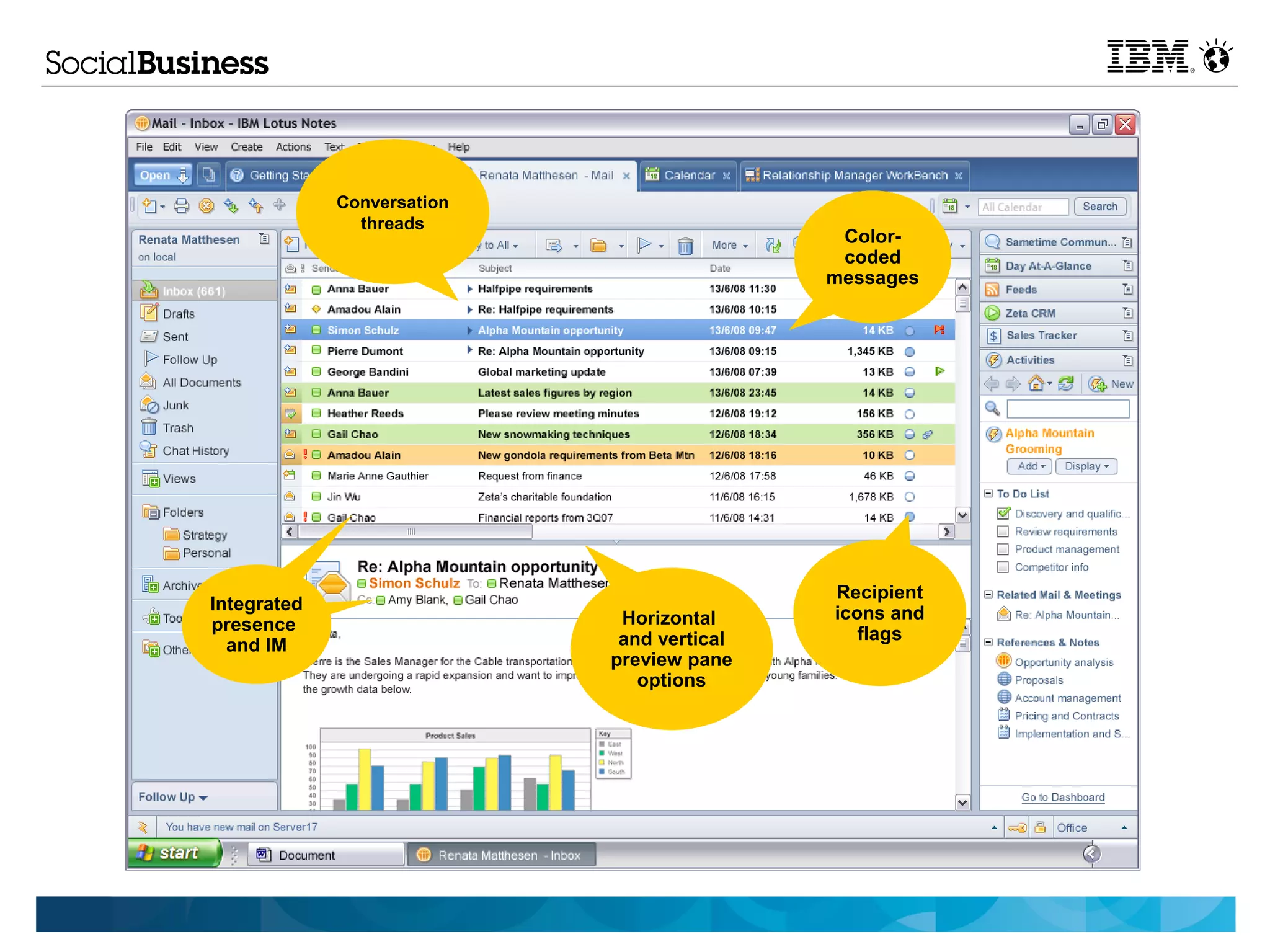 Conversation
               threads
                                             Color-
                                             coded
                                            messages




                                            Recipient
Integrated                                  icons and
presence                     Horizontal
                             and vertical      flags
  and IM
                            preview pane
                               options
 