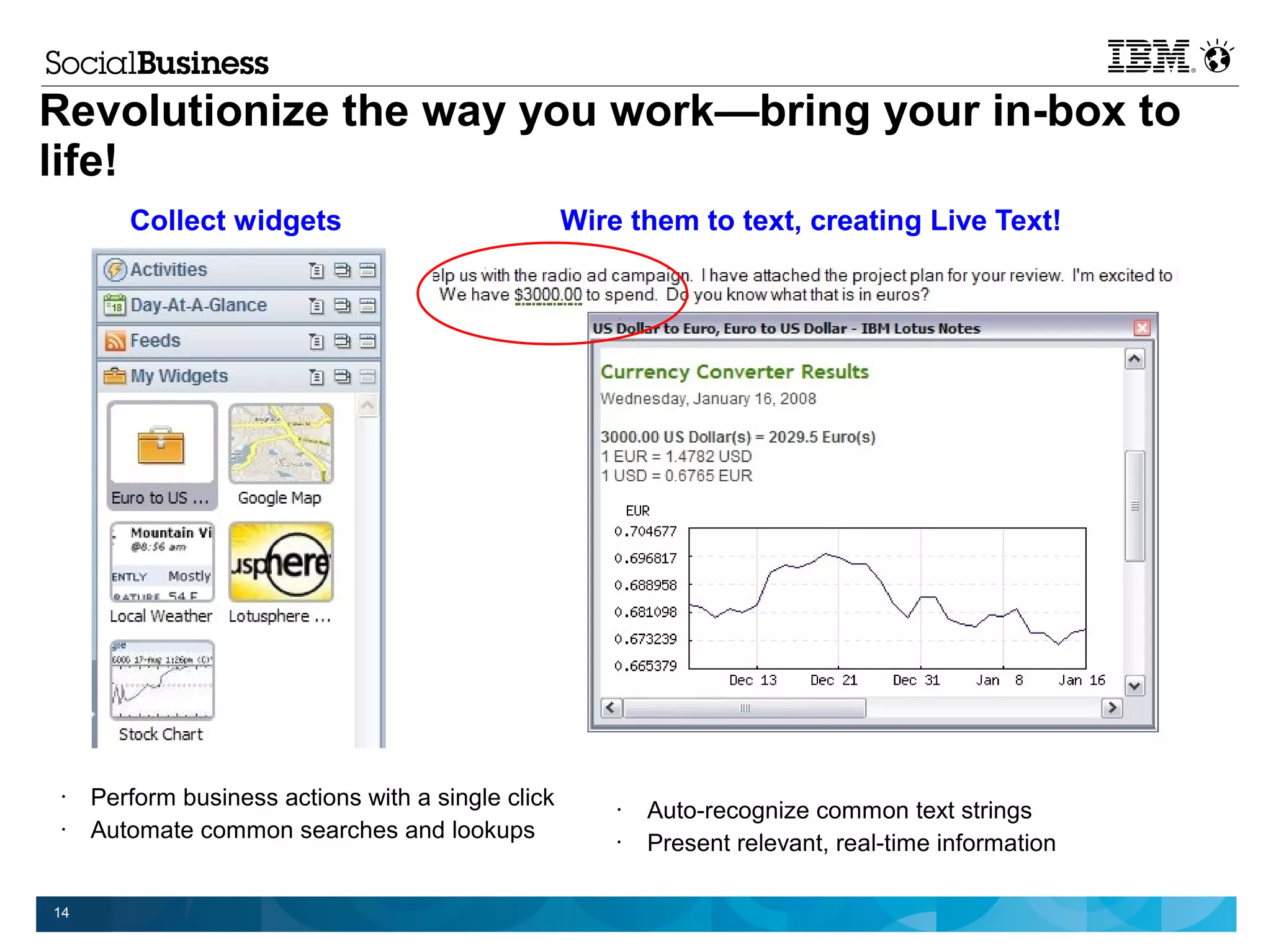 Revolutionize the way you work—bring your in-box to
life!
        Collect widgets                             Wire them to text, creating Live Text!




 •   Perform business actions with a single click       •   Auto-recognize common text strings
 •   Automate common searches and lookups               •   Present relevant, real-time information

14
 