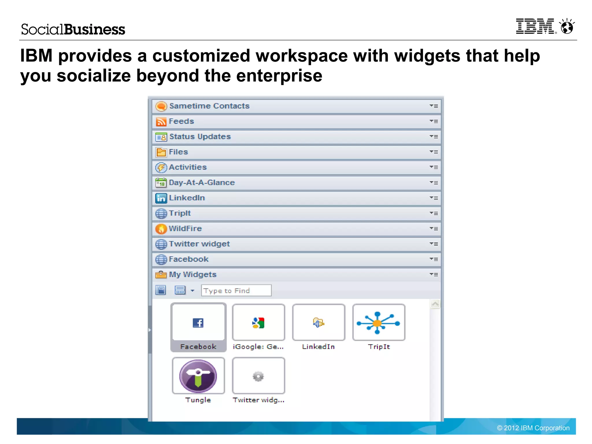 IBM provides a customized workspace with widgets that help
you socialize beyond the enterprise




                                                     © 2012 IBM Corporation
 