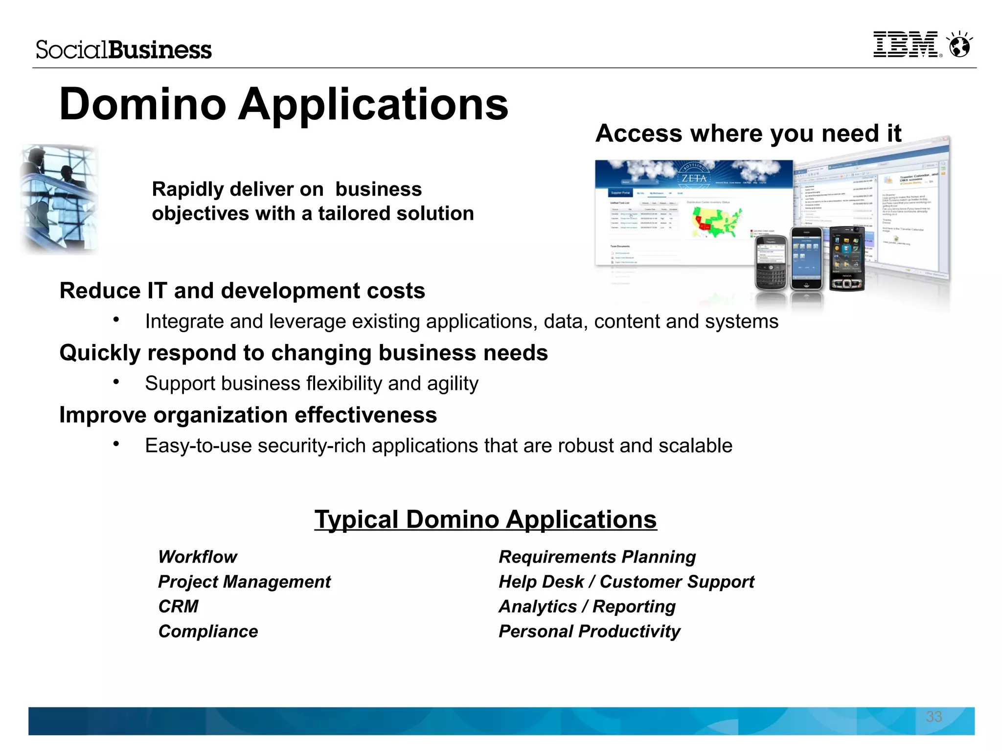 Domino Applications                                          Access where you need it

        Rapidly deliver on business
        objectives with a tailored solution


Reduce IT and development costs
    
        Integrate and leverage existing applications, data, content and systems
Quickly respond to changing business needs
    
        Support business flexibility and agility
Improve organization effectiveness
    
        Easy-to-use security-rich applications that are robust and scalable


                            Typical Domino Applications
         Workflow                                  Requirements Planning
         Project Management                        Help Desk / Customer Support
         CRM                                       Analytics / Reporting
         Compliance                                Personal Productivity



                                                                                        33
 