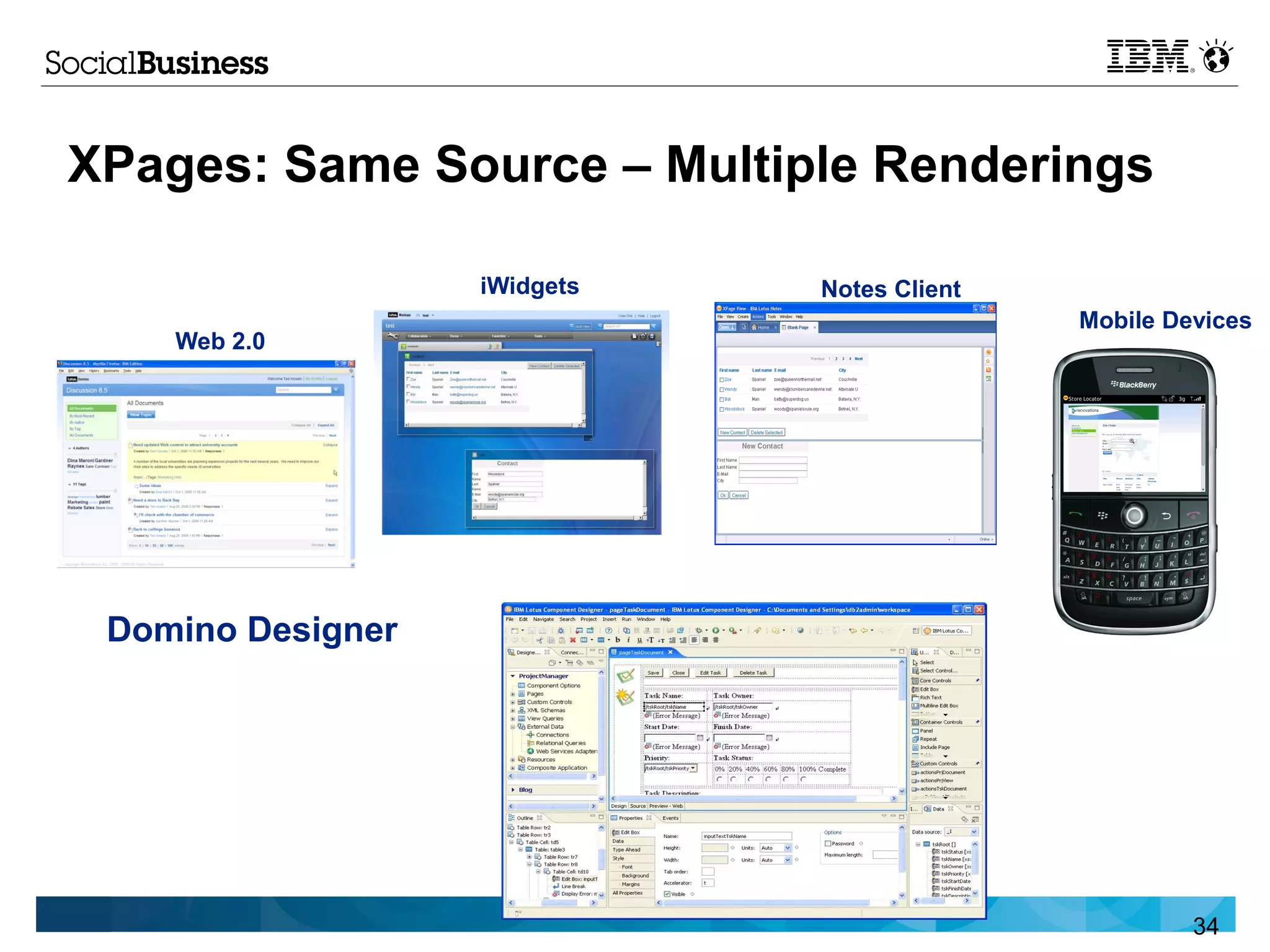 XPages: Same Source – Multiple Renderings

                   iWidgets   Notes Client
                                             Mobile Devices
    Web 2.0




 Domino Designer




                                                      34
 