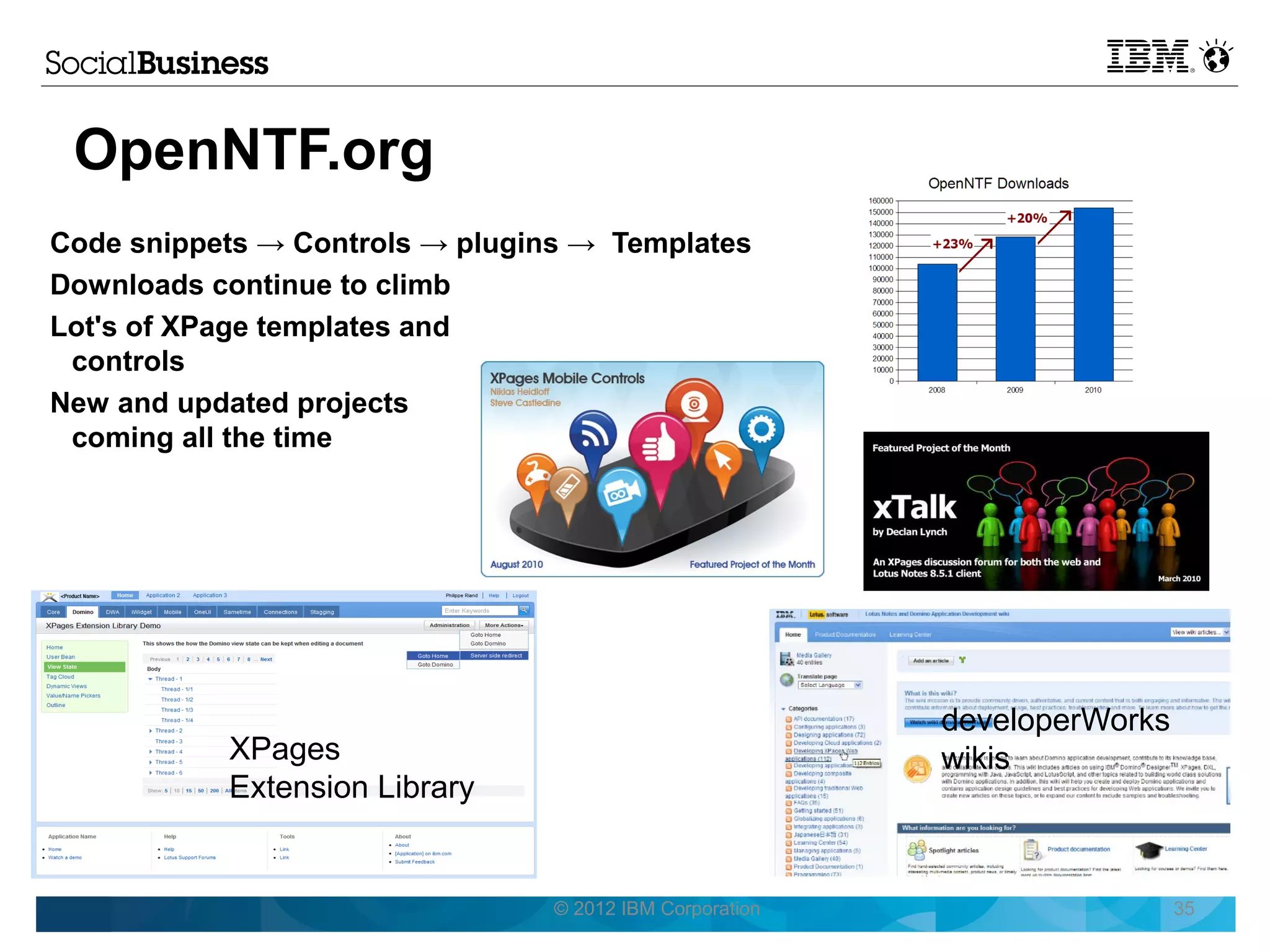 OpenNTF.org
Code snippets → Controls → plugins → Templates
Downloads continue to climb
Lot's of XPage templates and
 controls
New and updated projects
 coming all the time




                                                          developerWorks
           XPages                                         wikis
           Extension Library


                                 © 2012 IBM Corporation                    35
 