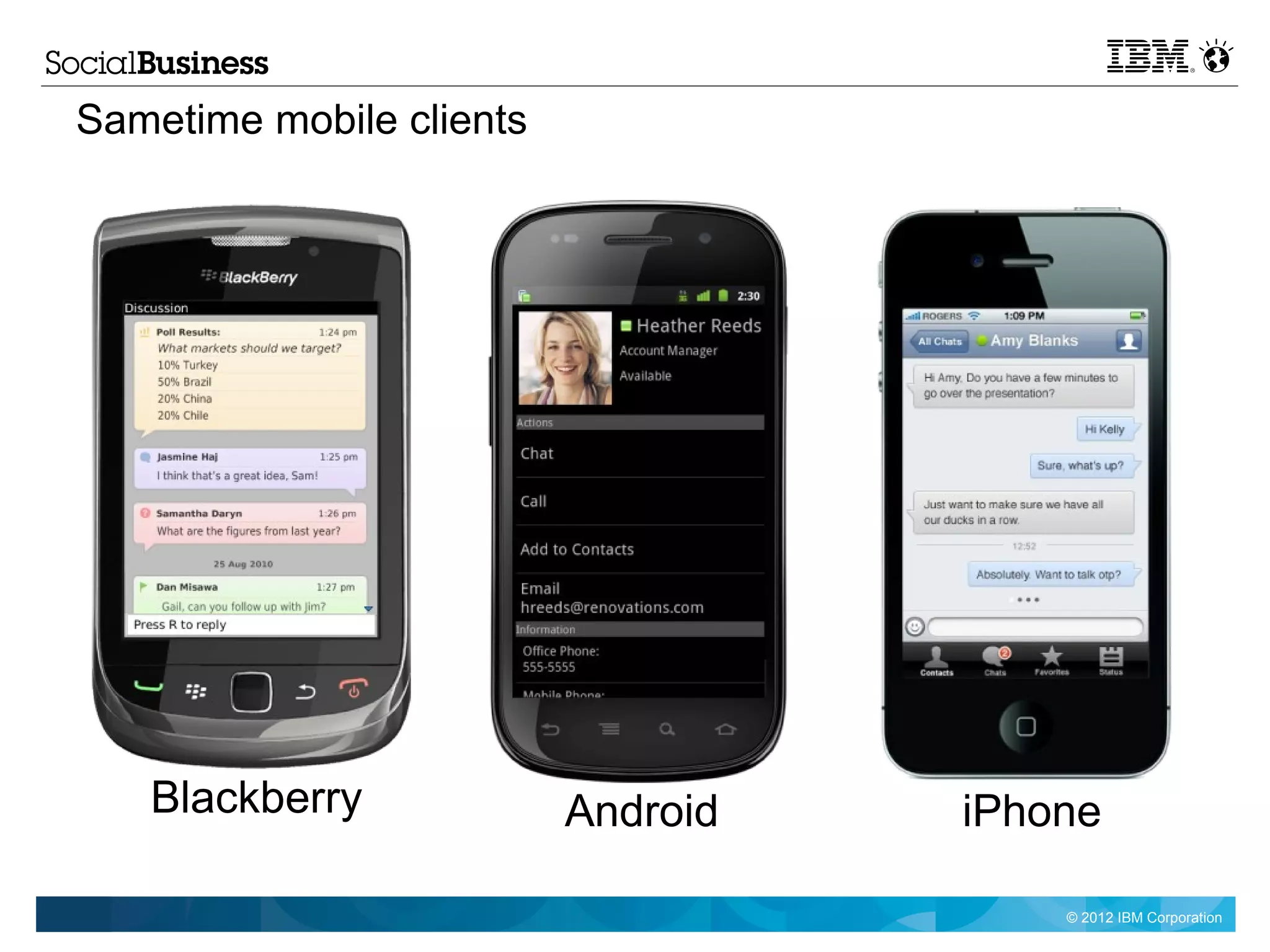 Sametime mobile clients




   Blackberry             Android   iPhone

                                        © 2012 IBM Corporation
 