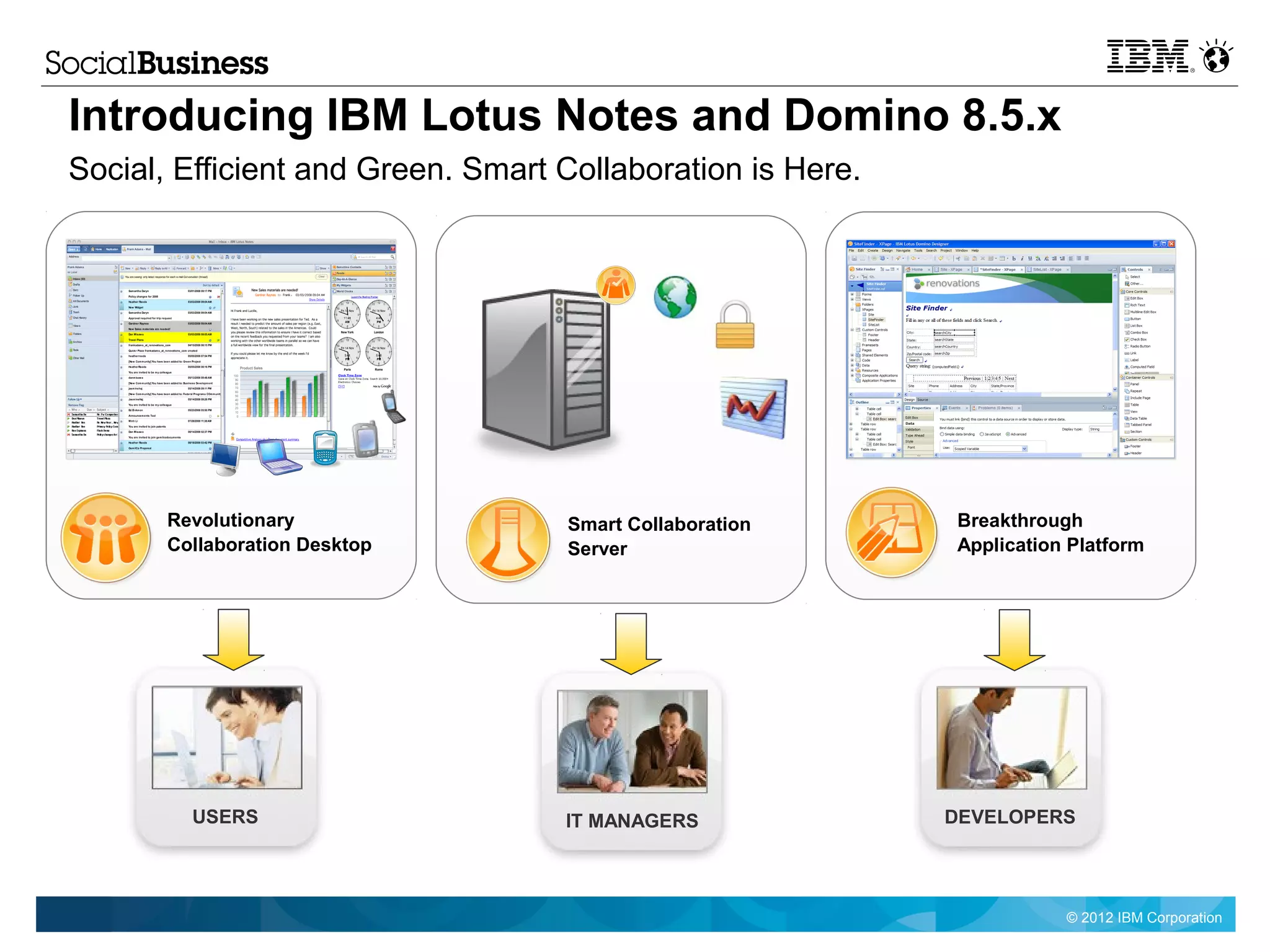 Introducing IBM Lotus Notes and Domino 8.5.x
Social, Efficient and Green. Smart Collaboration is Here.




       Revolutionary               Smart Collaboration      Breakthrough
       Collaboration Desktop       Server                   Application Platform




         USERS                     IT MANAGERS              DEVELOPERS




                                                                       © 2012 IBM Corporation
 