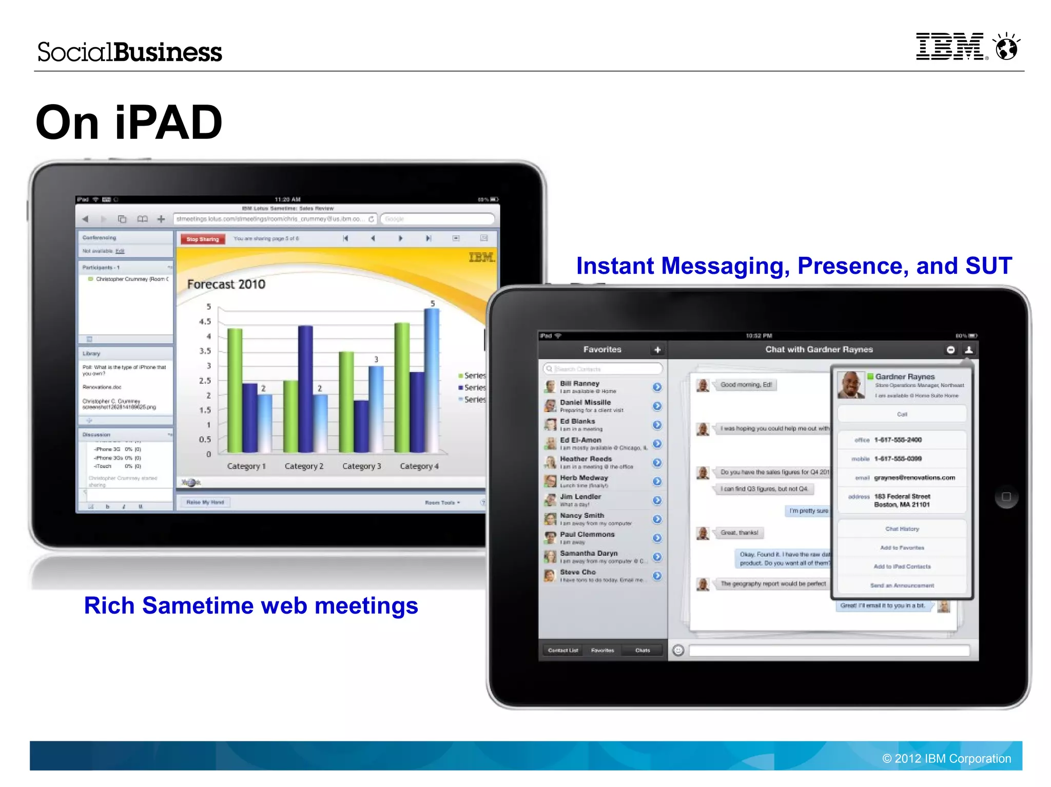 On iPAD

                              Instant Messaging, Presence, and SUT




 Rich Sametime web meetings




                                                       © 2012 IBM Corporation
 