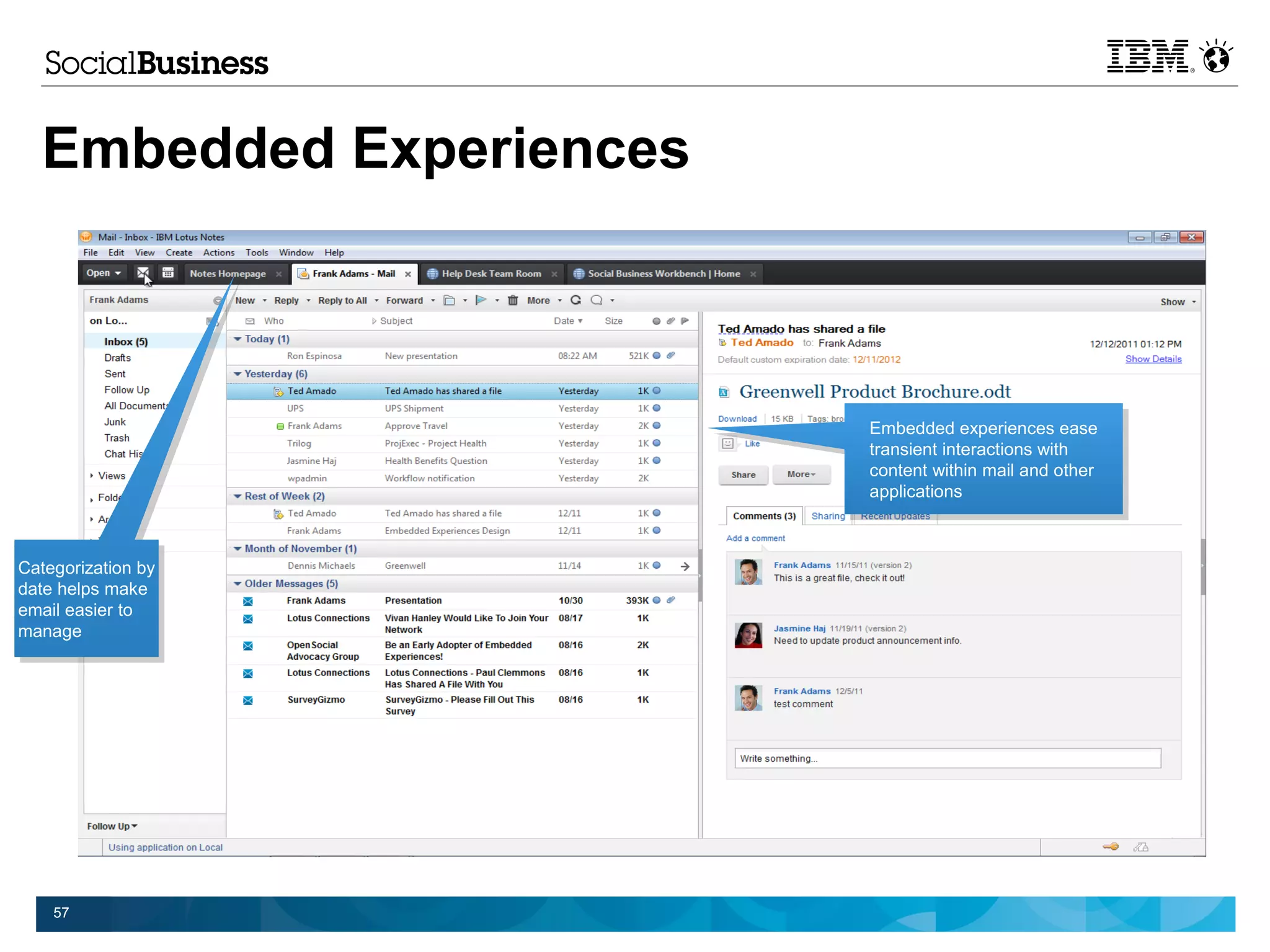 Embedded Experiences



                         Embedded experiences ease
                          Embedded experiences ease
                         transient interactions with
                          transient interactions with
                         content within mail and other
                          content within mail and other
                         applications
                          applications



Categorization by
 Categorization by
date helps make
 date helps make
email easier to
 email easier to
manage
 manage




    57
 