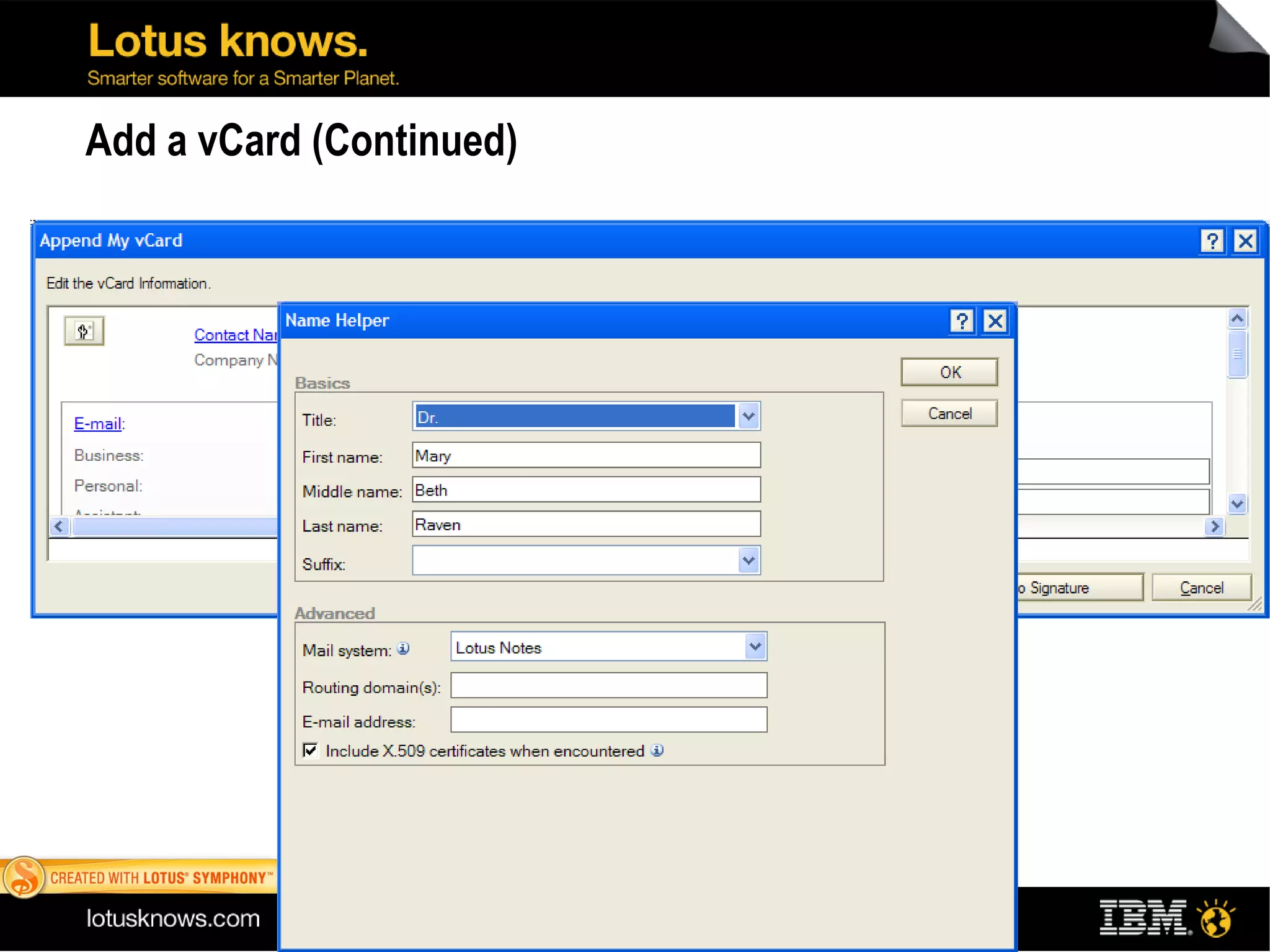 Add a vCard (Continued) 