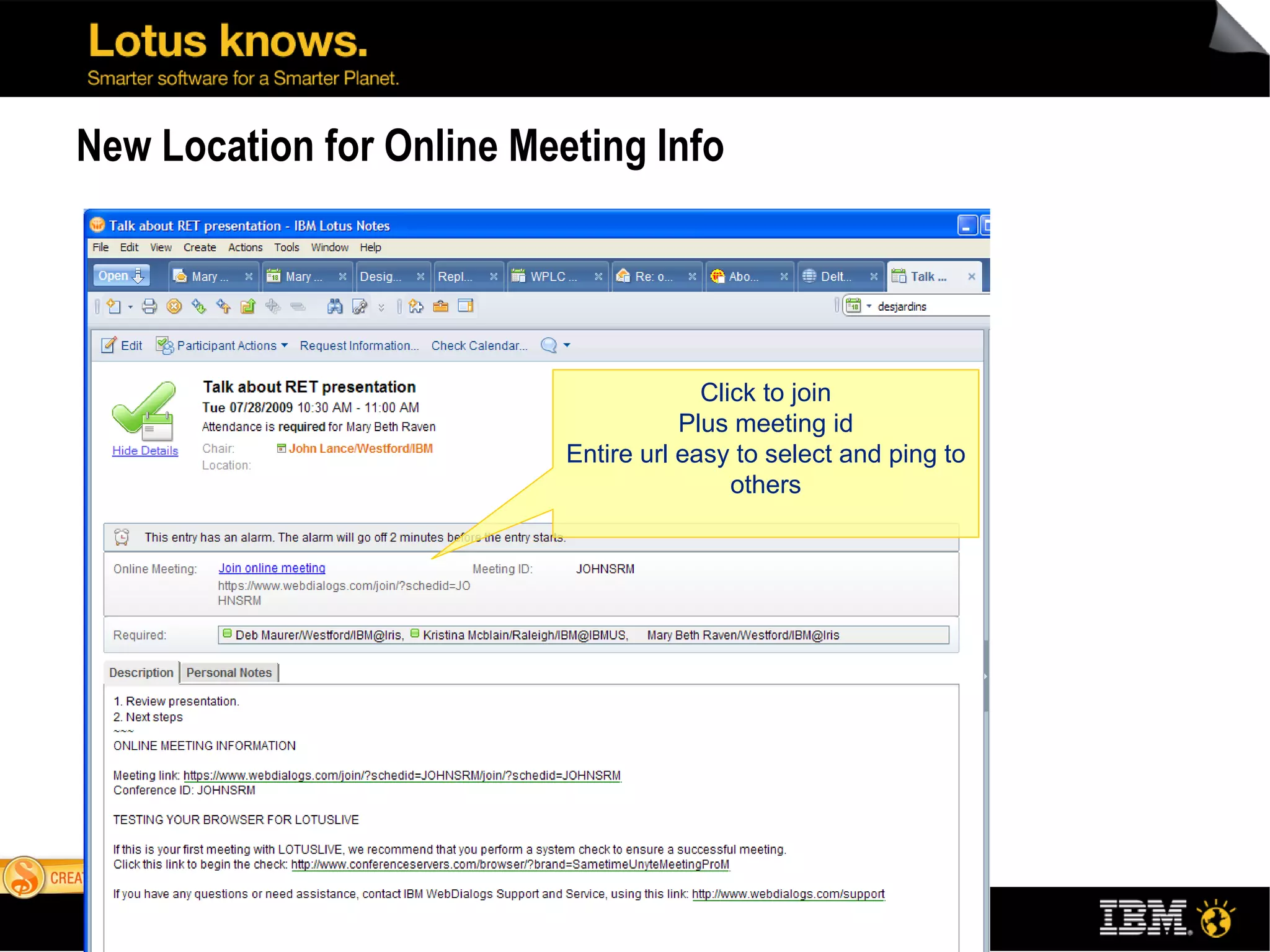 New Location for Online Meeting Info Click to join Plus meeting id Entire url easy to select and ping to others 