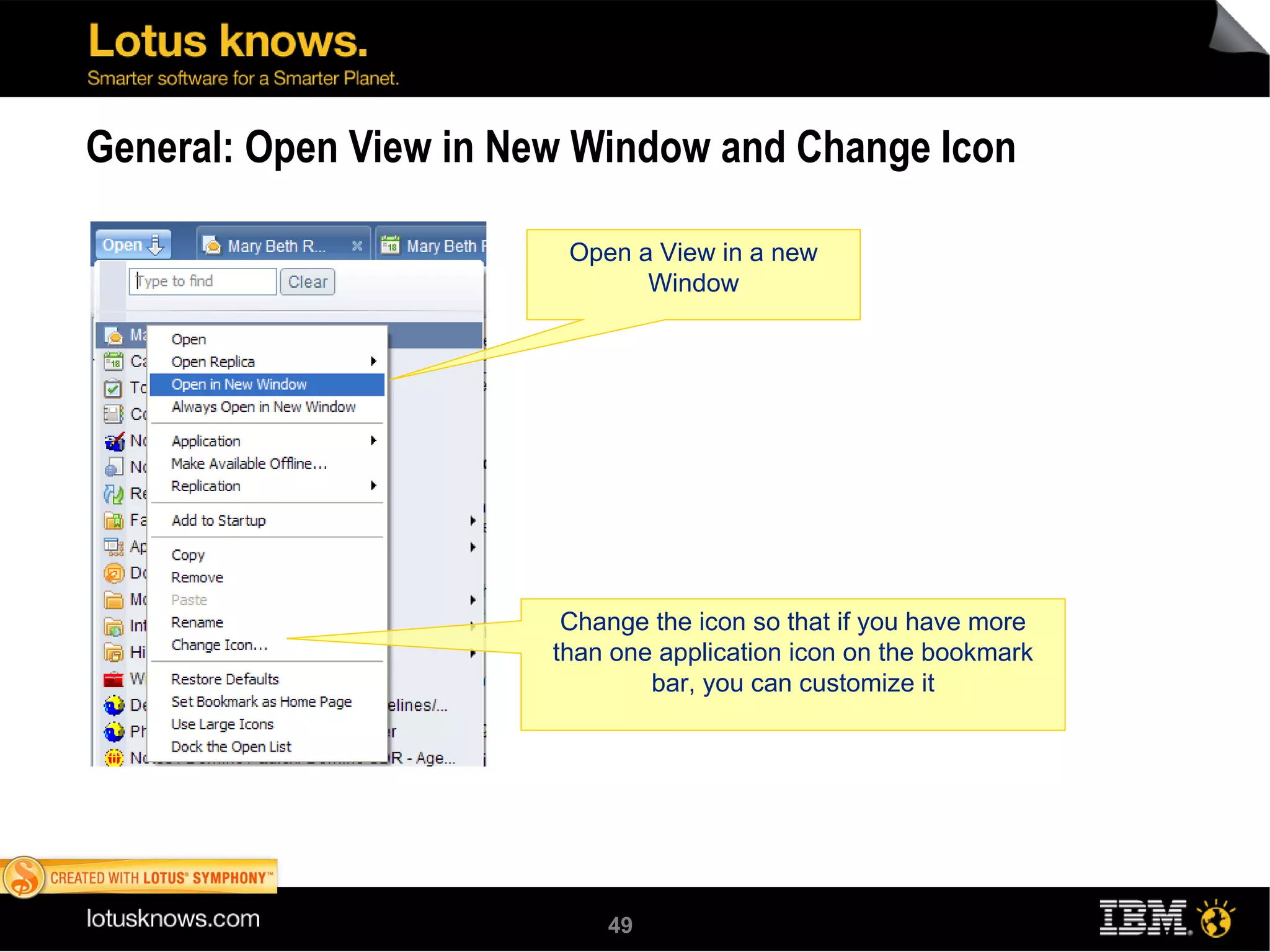 General: Open View in New Window and Change Icon Open a View in a new Window Change the icon so that if you have more than one application icon on the bookmark bar, you can customize it 