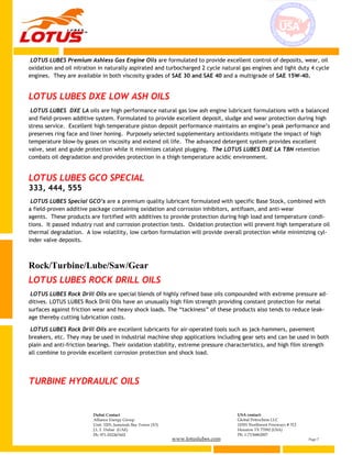 www.lotuslubes.com Page 7
Dubai Contact
Alliance Energy Group
Unit: 3203, Jumeirah Bay Tower (X3)
J.L.T. Dubai (UAE)
Ph: 971-552267602
USA contact:
Global Petrochem LLC
10301 Northwest Freeways # 312
Houston TX 77092 (USA)
Ph: 1-7136862007
LOTUS LUBES Premium Ashless Gas Engine Oils are formulated to provide excellent control of deposits, wear, oil
oxidation and oil nitration in naturally aspirated and turbocharged 2 cycle natural gas engines and light duty 4 cycle
engines. They are available in both viscosity grades of SAE 30 and SAE 40 and a multigrade of SAE 15W-40.
LOTUS LUBES DXE LOW ASH OILS
LOTUS LUBES DXE LA oils are high performance natural gas low ash engine lubricant formulations with a balanced
and field-proven additive system. Formulated to provide excellent deposit, sludge and wear protection during high
stress service. Excellent high temperature piston deposit performance maintains an engine’s peak performance and
preserves ring face and liner honing. Purposely selected supplementary antioxidants mitigate the impact of high
temperature blow-by gases on viscosity and extend oil life. The advanced detergent system provides excellent
valve, seat and guide protection while it minimizes catalyst plugging. The LOTUS LUBES DXE LA TBN retention
combats oil degradation and provides protection in a thigh temperature acidic environment.
LOTUS LUBES GCO SPECIAL
333, 444, 555
LOTUS LUBES Special GCO’s are a premium quality lubricant formulated with specific Base Stock, combined with
a field-proven additive package containing oxidation and corrosion inhibitors, antifoam, and anti-wear
agents. These products are fortified with additives to provide protection during high load and temperature condi-
tions. It passed industry rust and corrosion protection tests. Oxidation protection will prevent high temperature oil
thermal degradation. A low volatility, low carbon formulation will provide overall protection while minimizing cyl-
inder valve deposits.
Rock/Turbine/Lube/Saw/Gear
LOTUS LUBES ROCK DRILL OILS
LOTUS LUBES Rock Drill Oils are special blends of highly refined base oils compounded with extreme pressure ad-
ditives. LOTUS LUBES Rock Drill Oils have an unusually high film strength providing constant protection for metal
surfaces against friction wear and heavy shock loads. The “tackiness” of these products also tends to reduce leak-
age thereby cutting lubrication costs.
LOTUS LUBES Rock Drill Oils are excellent lubricants for air-operated tools such as jack-hammers, pavement
breakers, etc. They may be used in industrial machine shop applications including gear sets and can be used in both
plain and anti-friction bearings. Their oxidation stability, extreme pressure characteristics, and high film strength
all combine to provide excellent corrosion protection and shock load.
TURBINE HYDRAULIC OILS
 