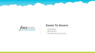 Easier To Govern
‣   Centralized
‣   Multi-Tenant
‣   Granular Security Control
 