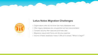 Lotus Notes Migration Challenges
‣   Organizations often do not know how many databases exist
‣   Often legacy databases are unsupported and lack documentation
‣   Complex security often obscures and hides data
‣   Migrations require both Force.com & Lotus expertise
‣   Volume of Notes databases makes it difficult to answer, “Where to begin?”
 
