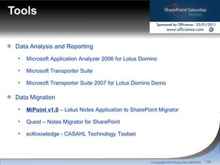 Tools Data Analysis and Reporting Microsoft Application Analyzer 2006 for Lotus Domino Microsoft Transporter Suite  Microsoft Transporter Suite 2007 for Lotus Domino Demo Data Migration MiPoint v1.0  – Lotus Notes Application to SharePoint Migrator Quest – Notes Migrator for SharePoint ecKnowledge - CASAHL Technology Toolset © Copyright 2010 Hoang Nhut NGUYEN 