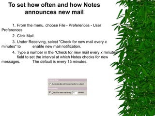 To set how often and how Notes announces new mail 1.  From the menu, choose File - Preferences - User Preferences 2. Click Mail. 3. Under Receiving, select "Check for new mail every  x  minutes" to  enable new mail notification. 4. Type a number in the "Check for new mail every  x  minutes"  field to set the interval at which Notes checks for new messages.  The default is every 15 minutes. 