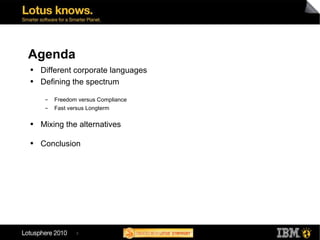 Agenda Different corporate languages Defining the spectrum Freedom versus Compliance Fast versus Longterm Mixing the alternatives Conclusion 