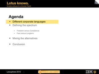 Agenda Different corporate languages Defining the spectrum Freedom versus Compliance Fast versus Longterm Mixing the alternatives Conclusion 
