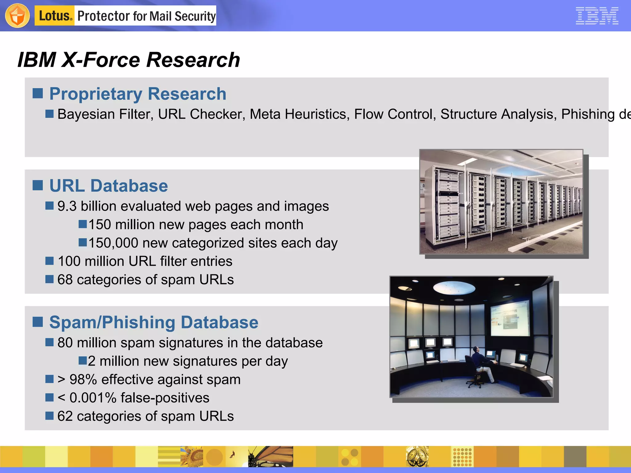 IBM X-Force Research Proprietary Research Bayesian Filter, URL Checker, Meta Heuristics, Flow Control, Structure Analysis, Phishing detection, Fuzzy Fingerprints, Behavioral Antivirus... Spam/Phishing Database 80 million spam signatures in the database 2 million new signatures per day > 98% effective against spam < 0.001% false-positives 62 categories of spam URLs URL Database 9.3 billion evaluated web pages and images 150 million new pages each month 150,000 new categorized sites each day 100 million URL filter entries 68 categories of spam URLs 