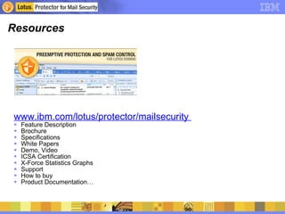 Resources www.ibm.com/lotus/protector/mailsecurity  Feature Description Brochure Specifications White Papers Demo, Video ICSA Certification X-Force Statistics Graphs Support How to buy Product Documentation… 
