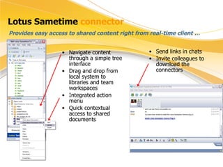 Lotus Sametime  connector Navigate content through a simple tree interface Drag and drop from local system to libraries and team workspaces Integrated action menu Quick contextual access to shared documents Provides easy access to shared content right from real-time client …  Send links in chats Invite colleagues to download the connectors 