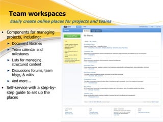 Team workspaces Components for managing projects, including: Document libraries Team calendar and milestones Lists for managing structured content Discussions forums, team blogs, & wikis And more... Self-service with a step-by-step guide to set up the places Easily create online places for projects and teams 