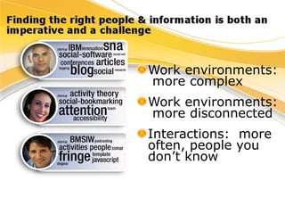 Work environments:  more complex Work environments:  more disconnected  Interactions:  more  often, people you don’t know 