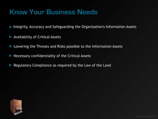 Know Your Business Needs
 Integrity, Accuracy and Safeguarding the Organization's Information Assets

 Availability of Cri...