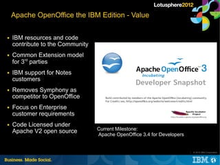 Apache OpenOffice the IBM Edition - Value

■   IBM resources and code
    contribute to the Community
■   Common Extension...