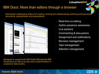 IBM Docs: More than editors through a browser
 Web-based collaborative editors for creating, sharing and collaboratively a...