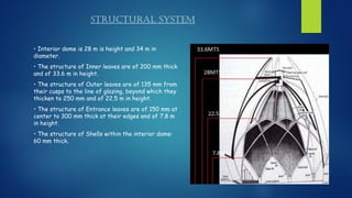 STRUCTURAL SYSTEM
• Interior dome is 28 m is height and 34 m in
diameter.
• The structure of Inner leaves are of 200 mm thick
and of 33.6 m in height.
• The structure of Outer leaves are of 135 mm from
their cusps to the line of glazing, beyond which they
thicken to 250 mm and of 22.5 m in height.
• The structure of Entrance leaves are of 150 mm at
center to 300 mm thick at their edges and of 7.8 m
in height.
• The structure of Shells within the interior dome:
60 mm thick.
 
