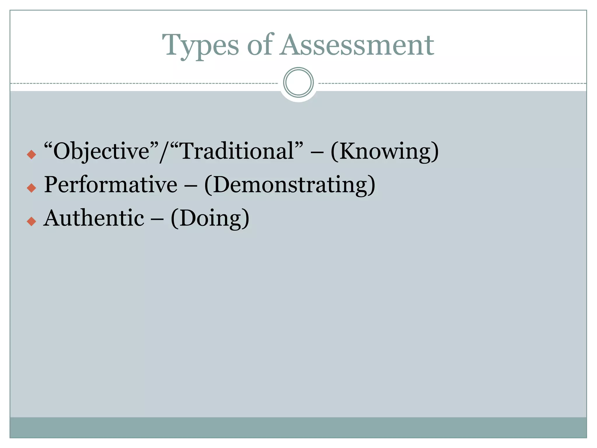 Types of Assessment


 “Objective”/“Traditional” – (Knowing)
 Performative – (Demonstrating)

 Authentic – (Doing)
 